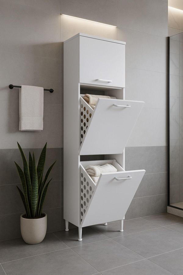 Azzuri Furniture Furniture Çamaşır Sepetli Banyo Dolabı 2 Sepetli Çok Amaçlı Dolap Beyaz - Image 1