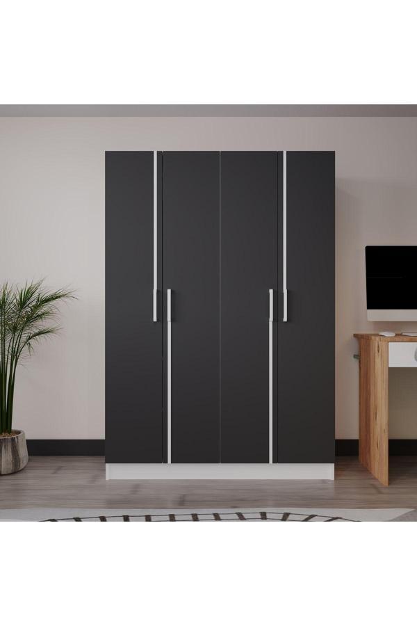 Azzuri Furniture Piyano 4 Kapaklı Dolap Genç Odası-Çocuk Odası Gardırop Antrasit-Beyaz - Image 1