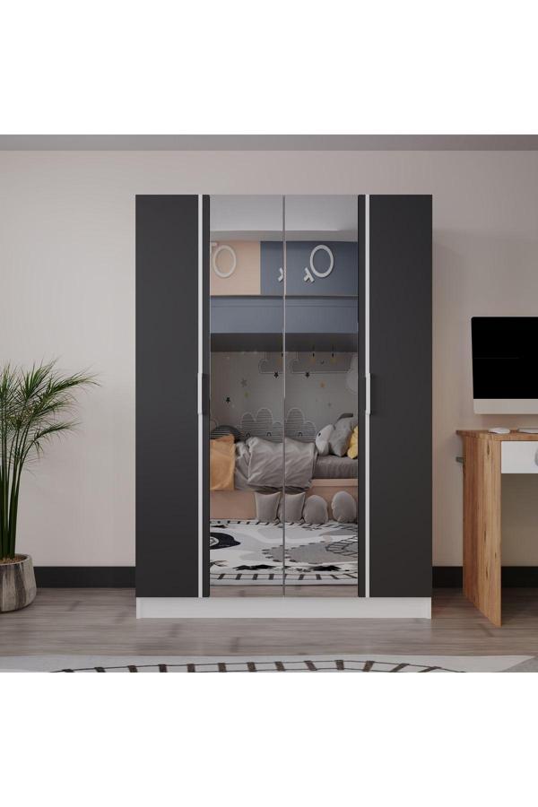 Azzuri Furniture Piyano 4 Kapaklı Dolap Genç Odası-Çocuk Odası Gardırop Antrasit Beyaz Aynalı - Image 1