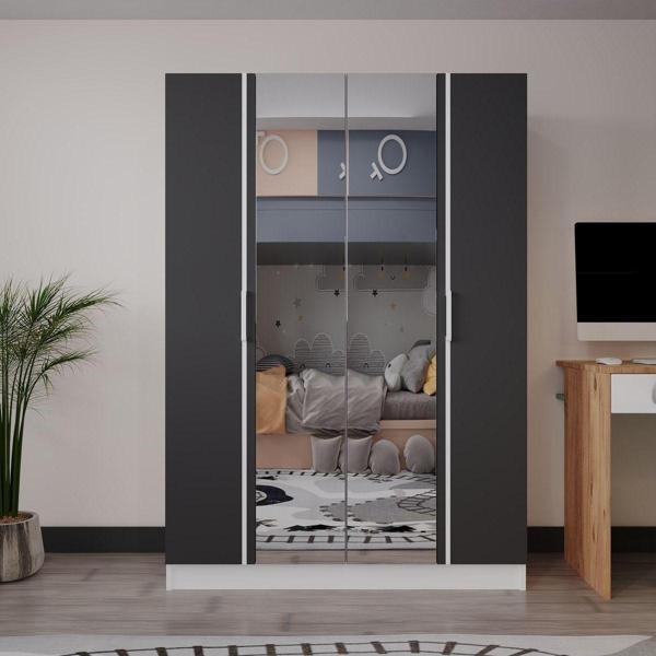 Azzuri Furniture Piyano 4 Kapaklı Dolap Genç Odası-Çocuk Odası Gardırop Antrasit Beyaz Aynalı - Image 1
