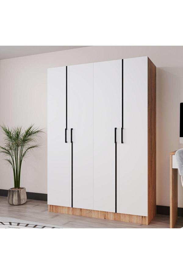 Azzuri Furniture Piyano 4 Kapaklı Dolap Genç Odası-Çocuk Odası Gardırop Meşe Beyaz - Image 1
