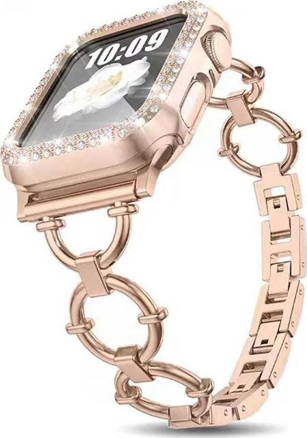 Coverzone Apple Watch 5 42mm Ile Uyumlu Dias Metal Halkalı Tasarım Kordon Rosegold - Image 1