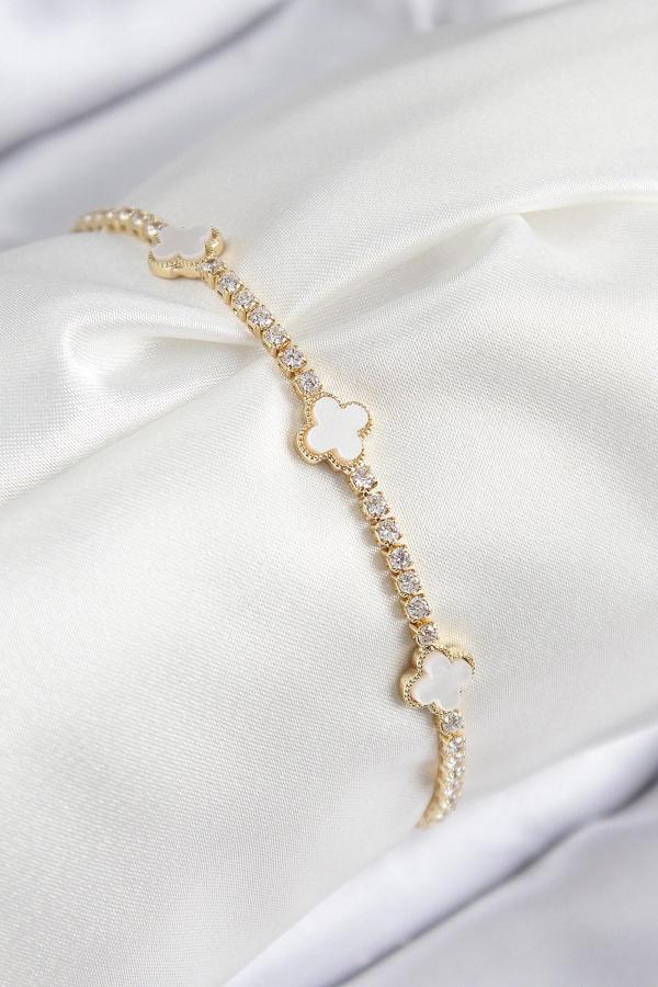 Pirinç Zirkon Taşlı Yonca Model Gold Renk Kadın Bileklik - EBJ250816W37224 - Image 1