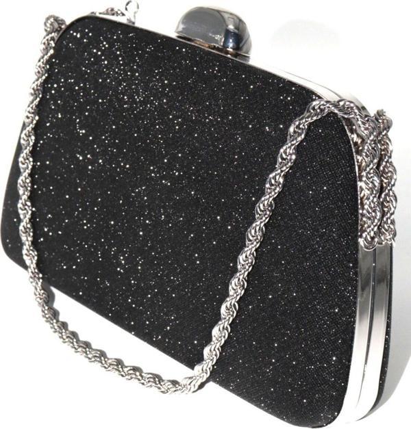 Palsim siyah abiye çanta. Clutch siyah simli gece çantası. Abiye çanta siyah. Siyah abiye çantası. - Image 1