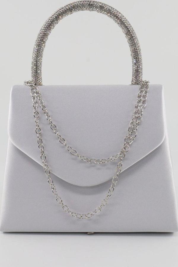 Saten taşlı gümüş abiye çanta. Clutch saten gümüş gece çantası. Abiye çanta gümüş. Saten abiye çanta - Image 1