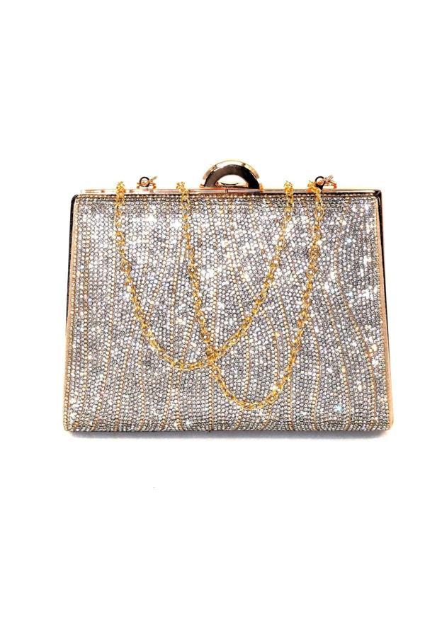 Suyolu taşlı gold abiye çanta. Abiye portföy clutch davet gece çantası kadın altın abiye taşlı çanta - Image 1