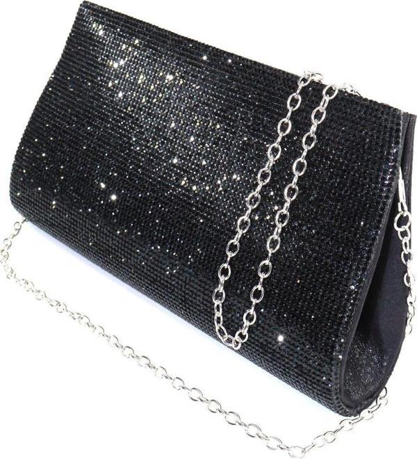 Taşlı siyah abiye çanta. Clutch siyah taşlı gece çantası. Abiye çanta siyah. Siyah abiye çantası.  - Image 1