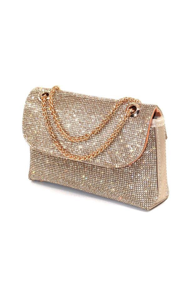 Taşlı gold abiye çanta. Kadın gold abiye taşlı çanta. Düğün mezuniyet portföy clutch davet çantası - Image 1