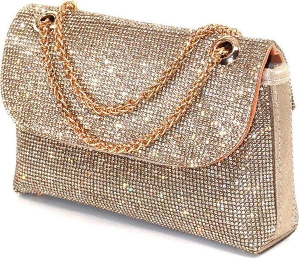 Taşlı gold abiye çanta. Kadın gold abiye taşlı çanta. Düğün mezuniyet portföy clutch davet çantası - Image 1