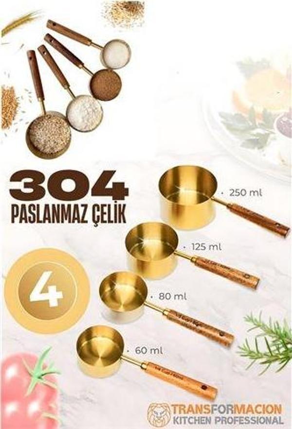 4 lü Ölçü Kabı 304 Paslanmaz Çelik Masif Ahşap Saplı - Image 1