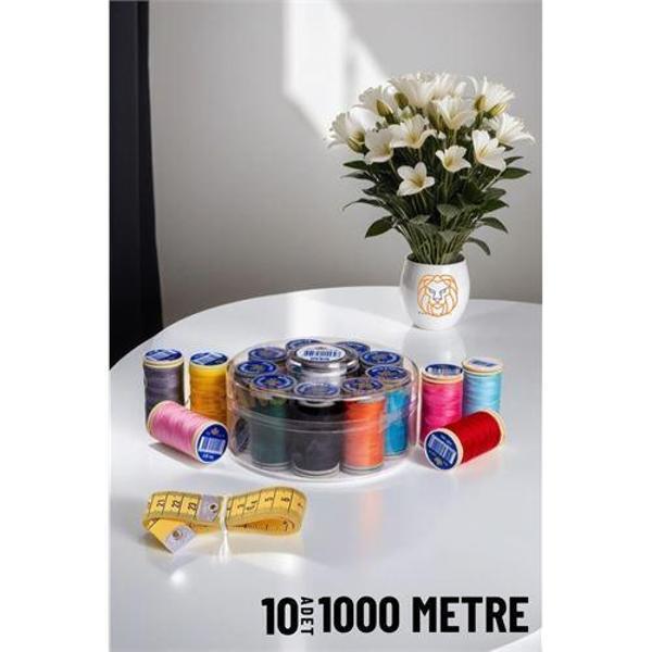 10 Renk 1000 Mt Kutulu Mezuralı Dikiş İpliği Seti - Image 1
