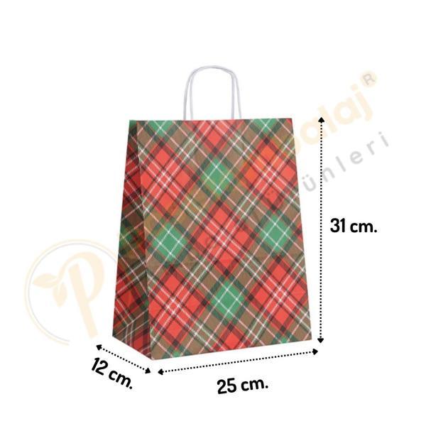 Ekose Desen Kraft Çanta Orta Boy 25x12x31 cm 25 Adet - Image 1
