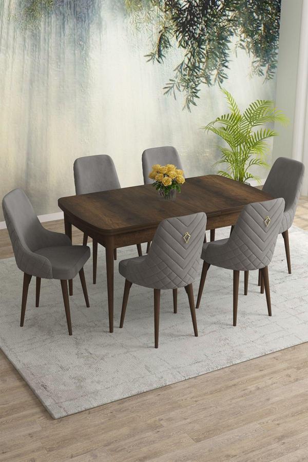 Meri Serisi Barok 80x132 Açılabilir Mdf Masa Yemek Odası Takımı, Mutfak Takımı 6 Adet Sandalye - Image 1