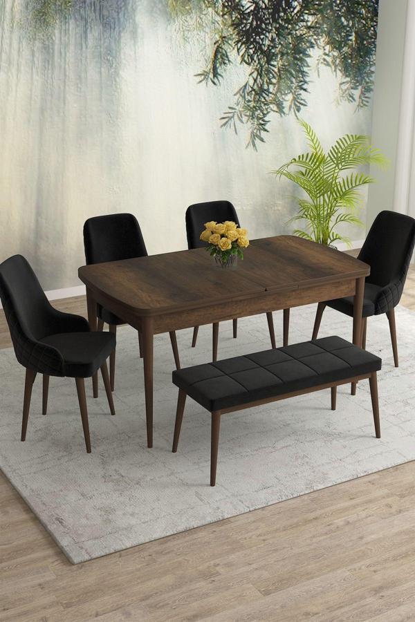 Meri Serisi Barok 80x132 Açılabilir Mdf Masa Yemek Odası Takımı, Mutfak Takımı 4 Sandalye 1 Bench - Image 1
