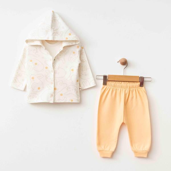 TAVŞANLI KAPŞONLU HIRKA PANTOLON ÜÇLÜ SET Somon - Image 1
