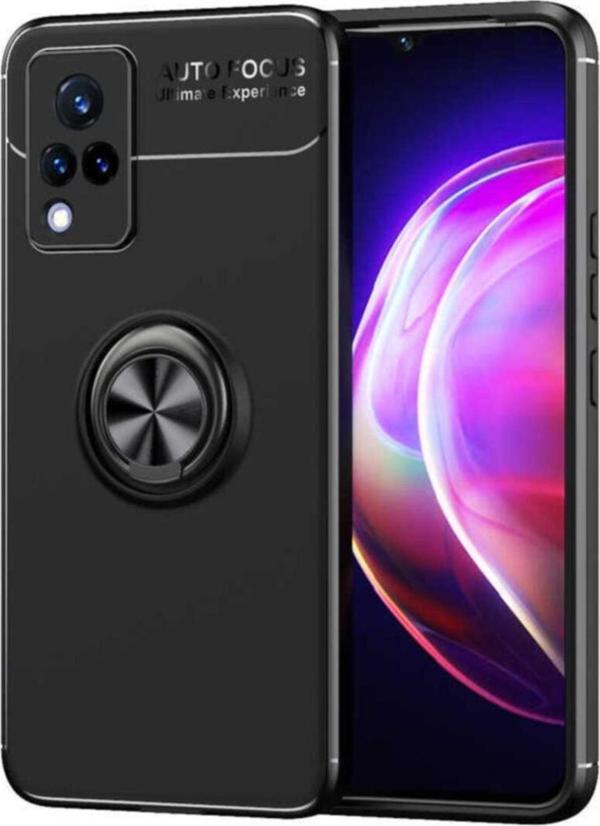 Coverzone Vivo V21 Uyumlu   Yüzük Tutuculu Mıktanıslı , Standlı Novel Silikon Kılıf Siyah - Image 1