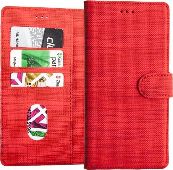 Coverzone Samsuıng Galaxy A20 Kılıf Standlı Kartvizitli ve Para Gözlü Kumaş Desen Kırmızı - Image 1