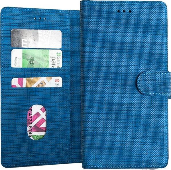 Coverzone Samsuıng Galaxy A20 Kılıf Standlı Kartvizitli Ve Para Gözlü Kumaş Desen Mavi - Image 1