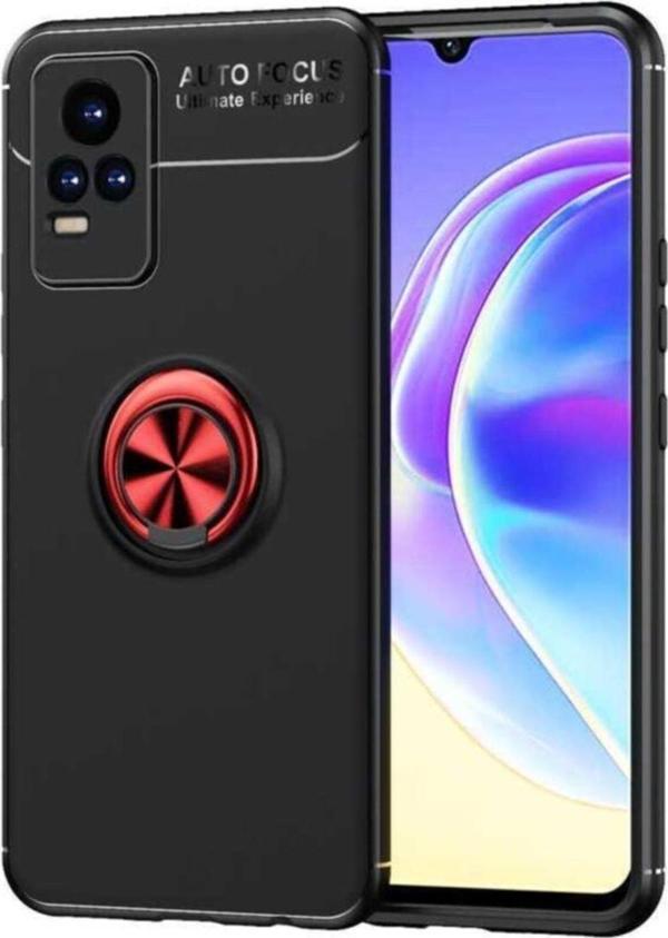 Coverzone Vivo V21e  Uyumlu    Yüzük Tutuculu Mıktanıslı , Standlı Novel Silikon Kılıf Siyah-kırmızı - Image 1