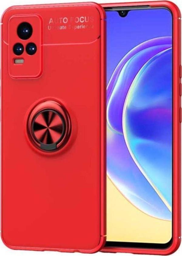 Coverzone Vivo V21e Uyumlu Yüzük Tutuculu Mıktanıslı , Standlı Novel Silikon Kılıf Kırmızı - Image 1