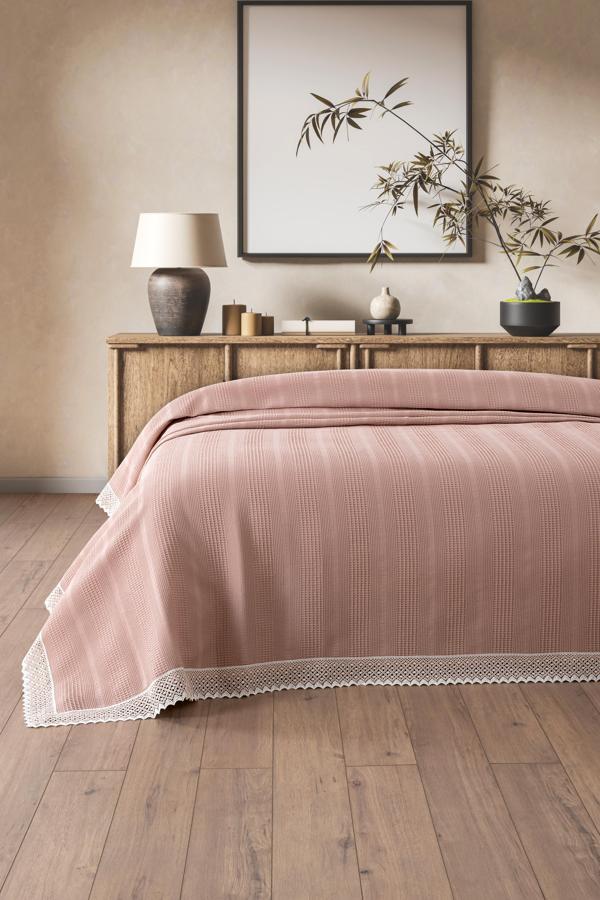 İki Renkli Kopanaki Dantelli Çift Kişilik Waffle Pike-210x230 cm-Gül Kurusu - Image 1