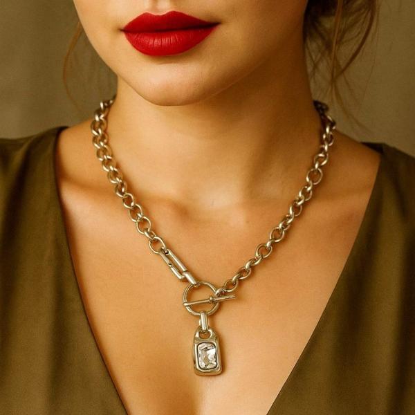 Özel Şekilli Cam Taşlı Kadın Kolye Gümüş Kaplama Ayarlanabilir El Yapımı Kadın Kolye - Image 1