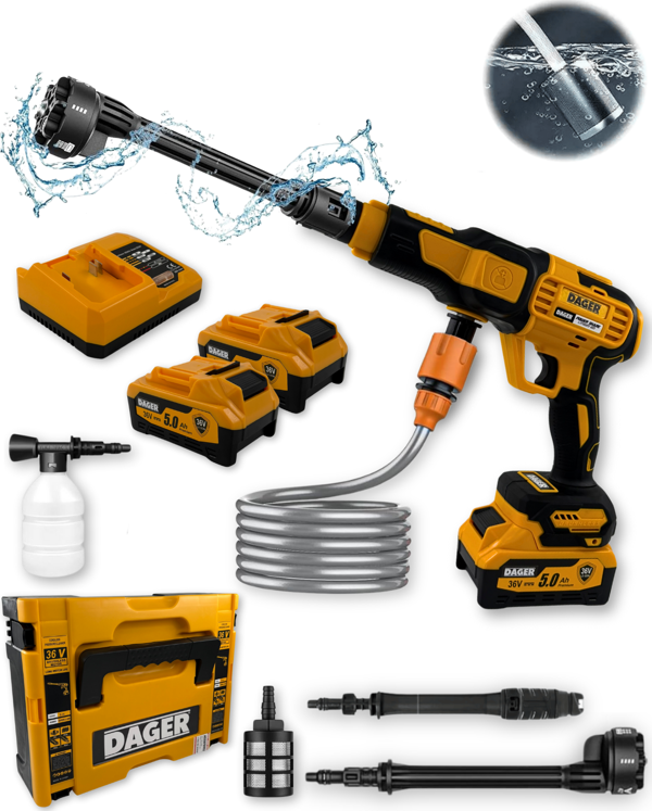 Dager AQUA FORCE 36V Kömürsüz Şarjlı Yüksek Basınçlı Yıkama Makinesi Seti | Çift 5.0Ah Akü + Köpük Tabancası | 70 Bar - Image 1