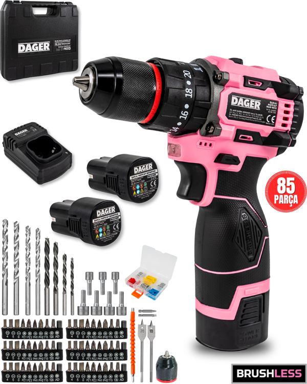 Dager NOVA 16.8V Kömürsüz Darbeli Şarjlı Matkap Vidalama Seti | 60Nm | Çift Akü + 85 Parça Aksesuar + Hızlı Şarj | Pembe - Image 1