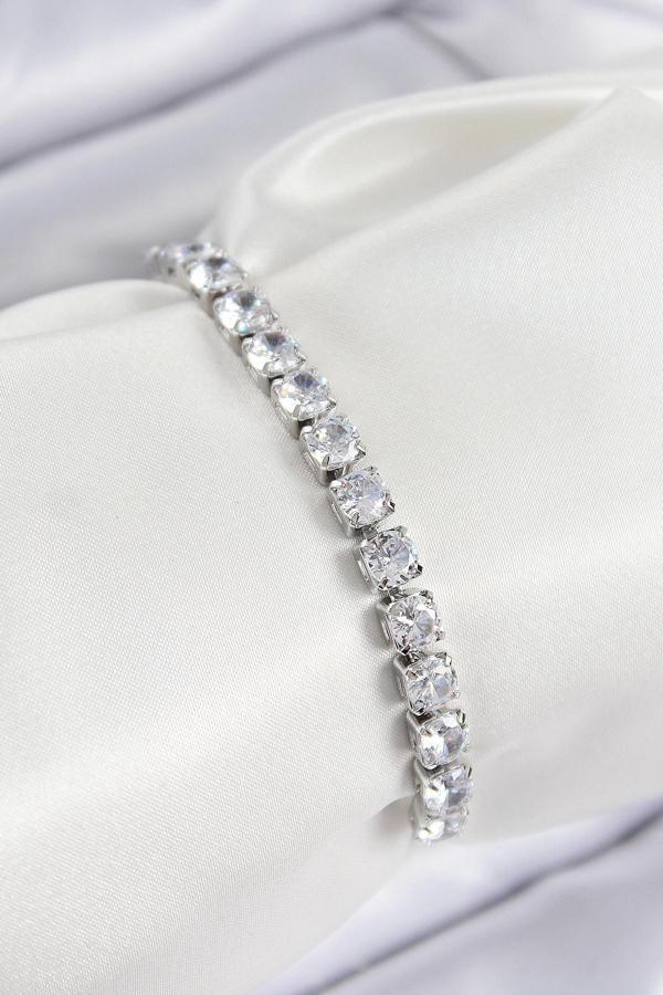 Pirinç Zirkon Taşlı Kare Model Gümüş Renk Asansörlü Kadın Bileklik - Image 1