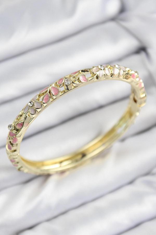 Mineli Pirinç Zirkon Taşlı Pembe Çiçek Motifli Gold Kadın Kelepçe - Image 1