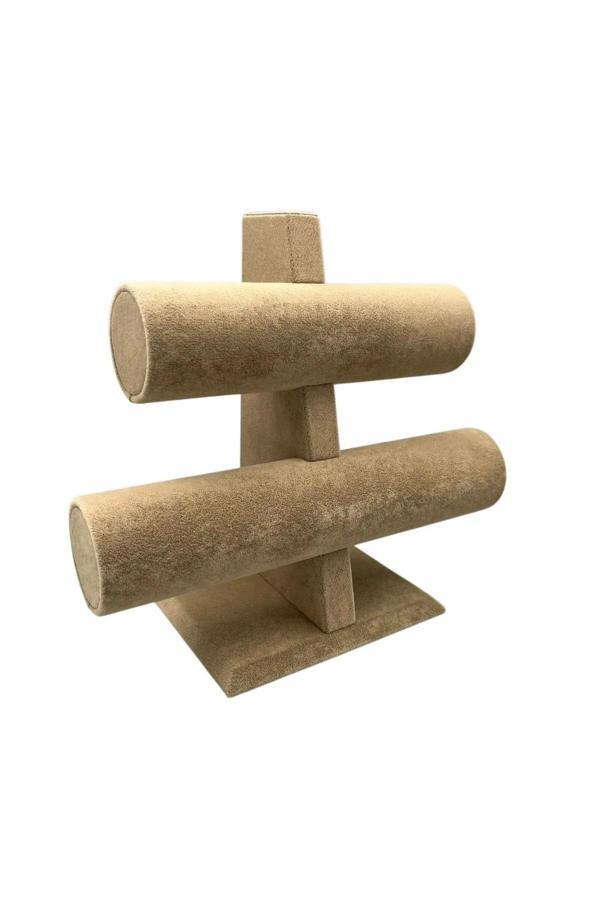 Süet Kaplama Sütlü Kahve 26/18 cm Renk İki Kademeli Saat Bileklik Sergileme Standı - Image 1