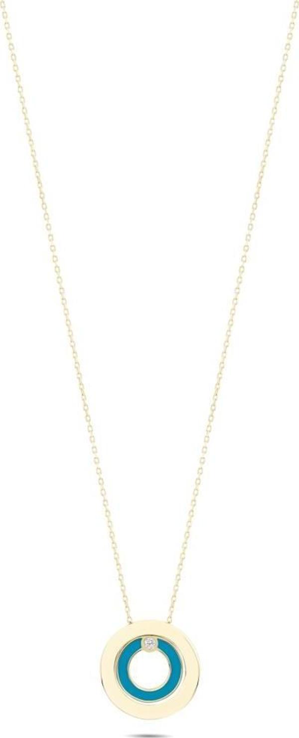 14 Ayar Mavi Mineli Yuvarlak Altın Kolye - Image 1