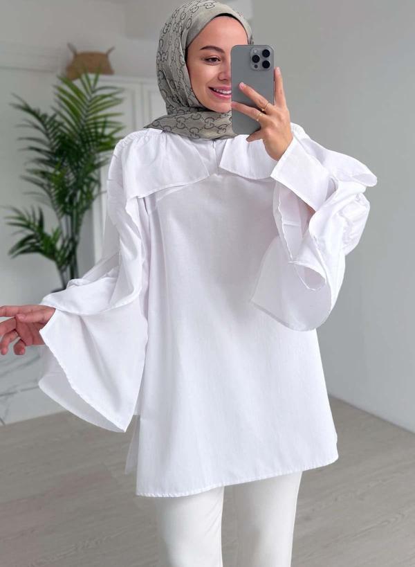 Fırfır Detay Gömlek - Beyaz - Image 1