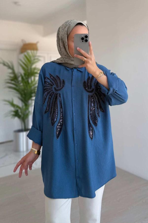 Doha Payet Detay Gömlek - İndigo - Image 1