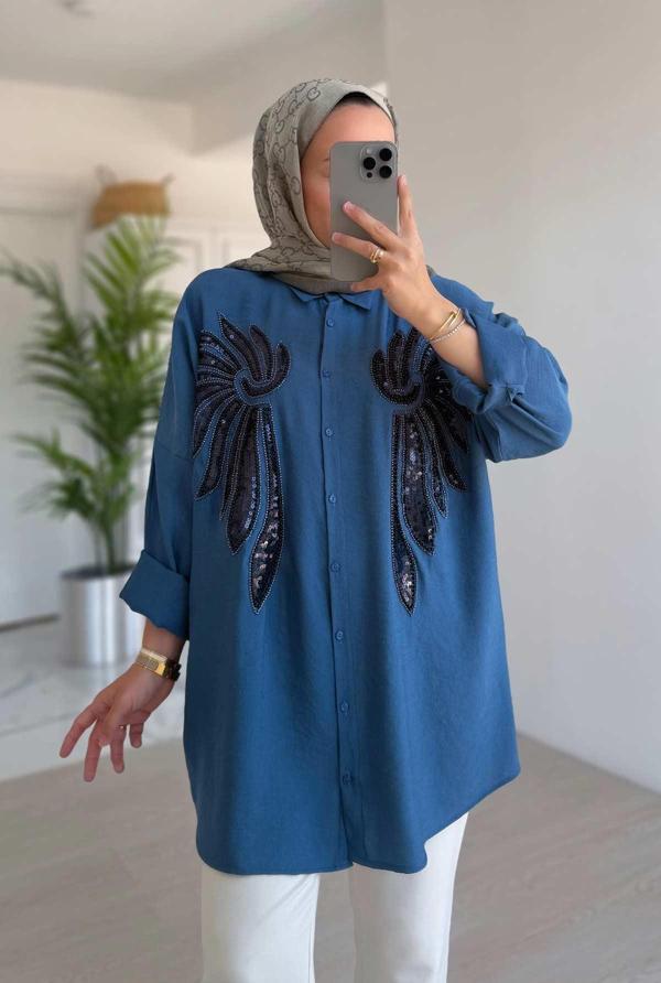 Doha Payet Detay Gömlek - İndigo - Image 1