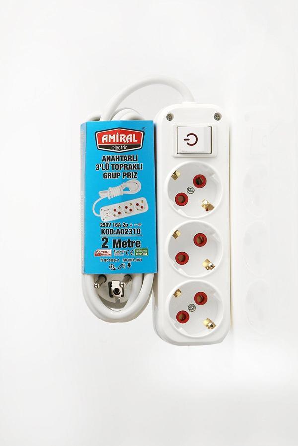 3 lü Topraklı Anahtarlı 2 Metre Kablolu Grup Priz - Image 1