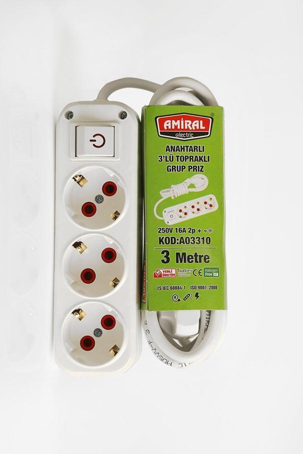 3 lü Topraklı Anahtarlı 3 Metre Kablolu Grup Priz - Image 1