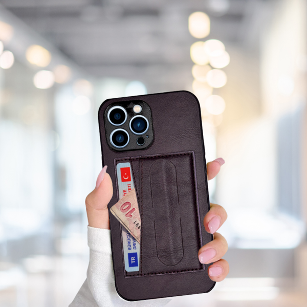 İPHONE 13 PRO MAX KARTLIKLI STANDLI  LÜX DERİ KILIF MOR - Image 1