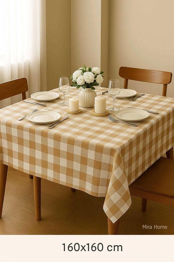 Fiber Kareli Masa Örtüsü Sofra Bezi Ekose Desen 160x160 Cm Bej - Image 1
