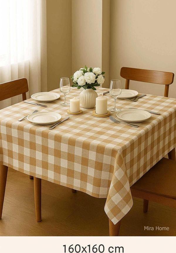 Fiber Kareli Masa Örtüsü Sofra Bezi Ekose Desen 160x160 Cm Bej - Image 1
