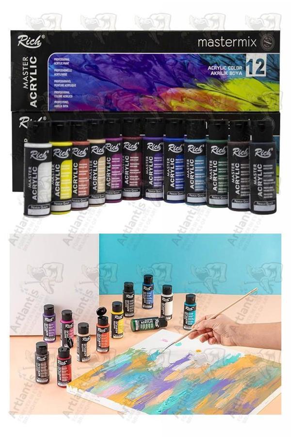 Rich Mastermix Akrilik Boya 12 Renk 60 ml 1 Paket Canlı Renkler Akrilik Boya 12 li Profesyonel Tuval Canvas Boyası - Image 1