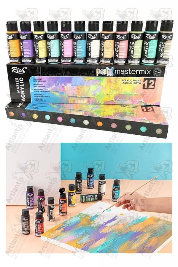 Rich Mastermix Akrilik Boya 12 Renk 60 ml 1 Paket Pastel Renkler Akrilik Boya 12 li Profesyonel Tuval Canvas Boyası - Image 1