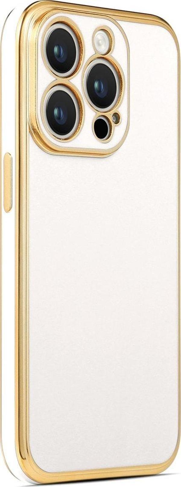 Coverzone Iphone 14 Pro Ile Uyumlu Kılıf Gold Kenar Pastel Renkli Halcyon Z-bark Kapak Beyaz - Image 1