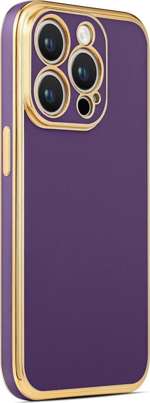 Coverzone Iphone 14 Pro Ile Uyumlu Kılıf Gold Kenar Pastel Renkli Halcyon Z-bark Kapak Derin Mor - Image 1