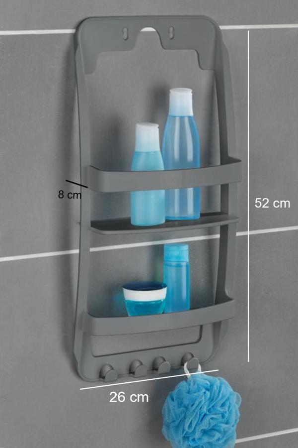 Banyo Rafı Duvara Monte Plastik 3 Katlı Raf Organizer – Askılıklı, Antrasit - Image 1