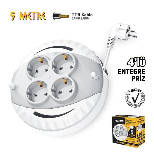 SGS Saklı Kablolu Makaralı Uzatma Kablosu 3x1 - 4 Priz - 5 mt. - Image 1