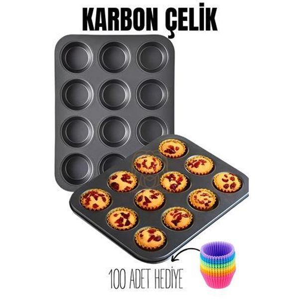 12 li Muffin Kalıbı Teflon Çelik 100 Muffin Kağıtlı - Image 1
