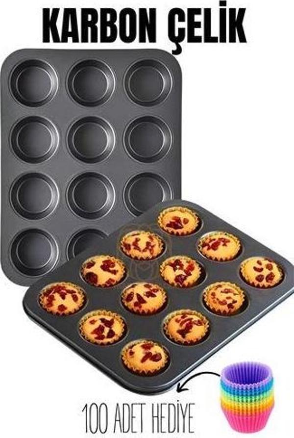 12 li Muffin Kalıbı Teflon Çelik 100 Muffin Kağıtlı - Image 1