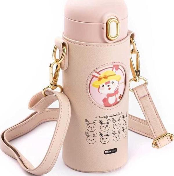 OKADI PEMBE TAVŞAN DESENLİ PİPETLİ PASLANMAZ ÇELİK ÇOCUK TERMOSU 350ML - Image 1