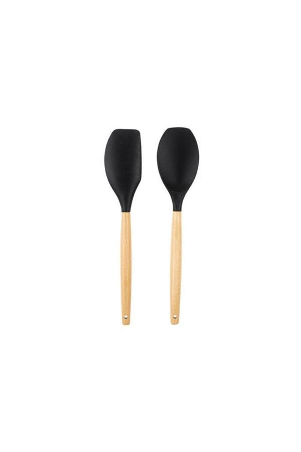 Tantitoni Bambu Saplı Siyah Renkli Silikon Büyük Kaşık Ve Spatula Seti - Image 1